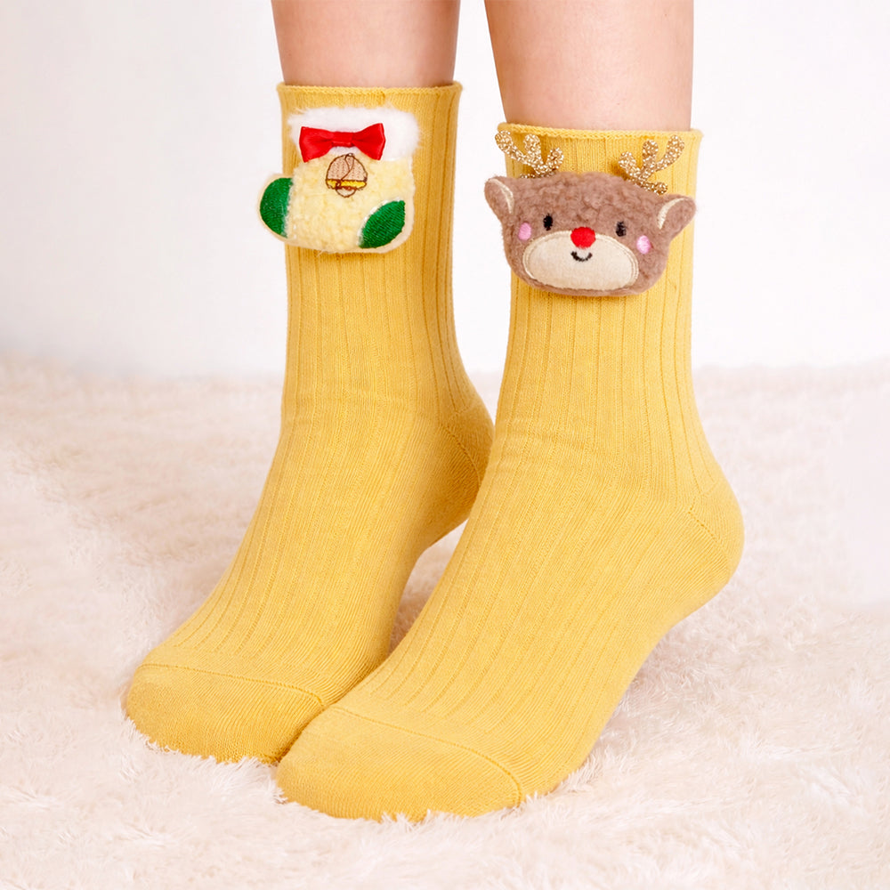Yellow 3D Dear & Stockings Christmas Themed Ankle Length Socks For Kids