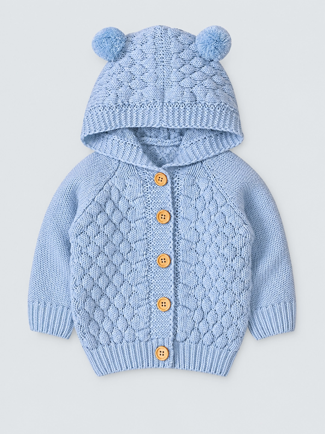 Infants Baby Blue Knitted Cardigan Sweater with Pom Pom Hoodie