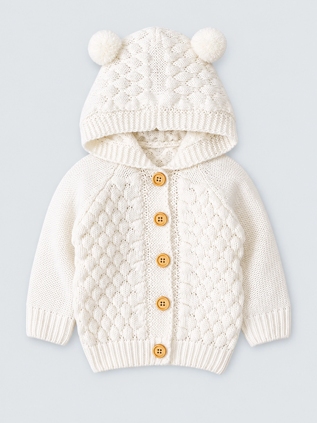 Infants Ivory White Knitted Cardigan Sweater with Pom Pom Hoodie