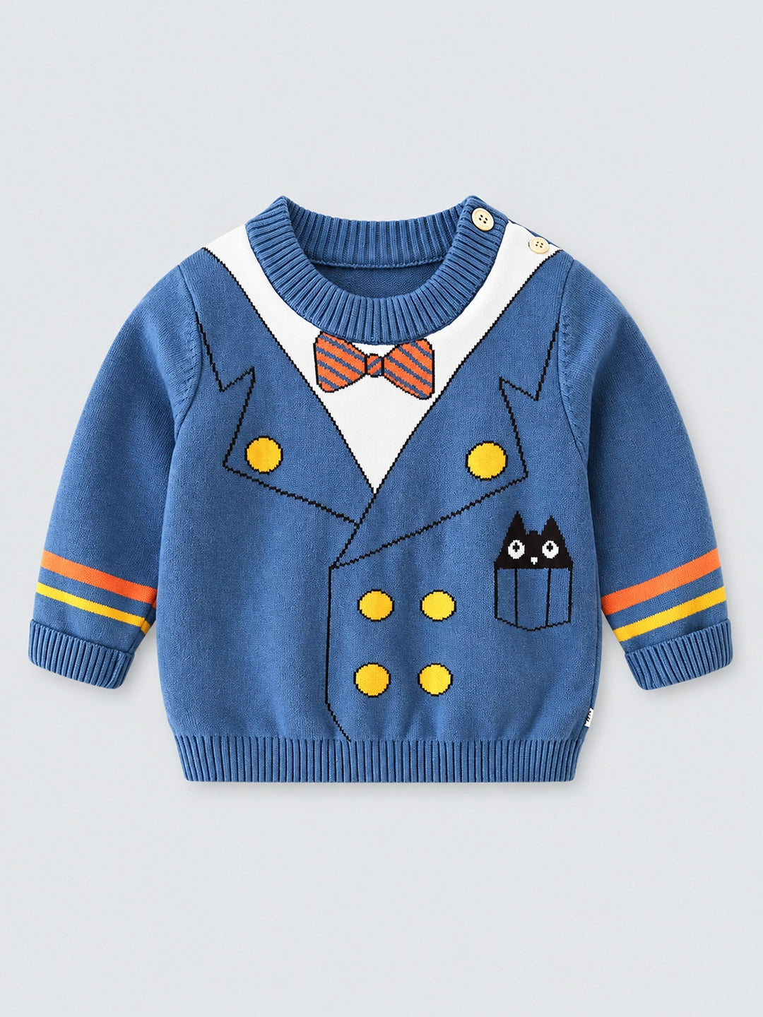 Blue, Little Man Bow Print Kids Cardigan Sweater, Round Neck