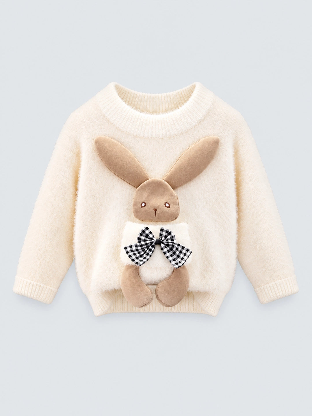 Beige with 3d Bunny Kids Cardigan Sweater, Round Neck