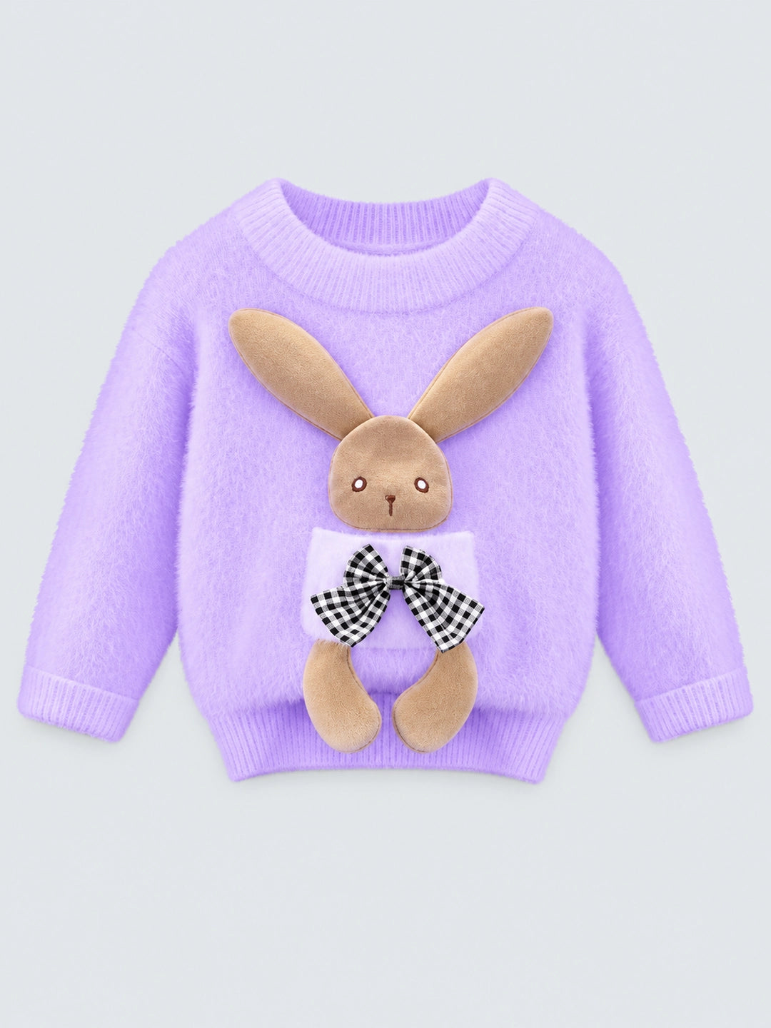 Purple with 3d Bunny Kids Cardigan Sweater, Round Neck