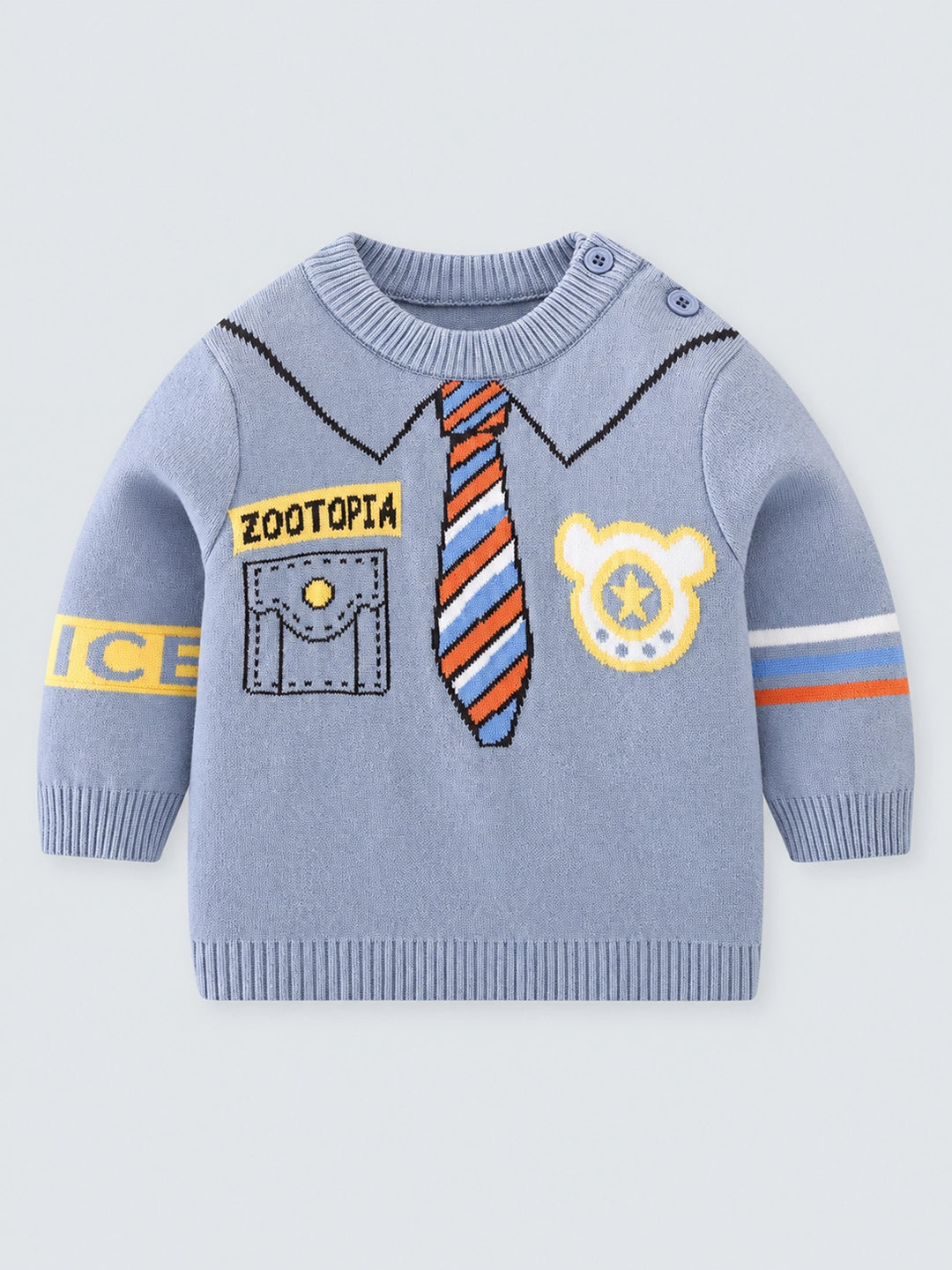 Light Blue, Little Man Tie Print Kids Cardigan Sweater, Round Neck