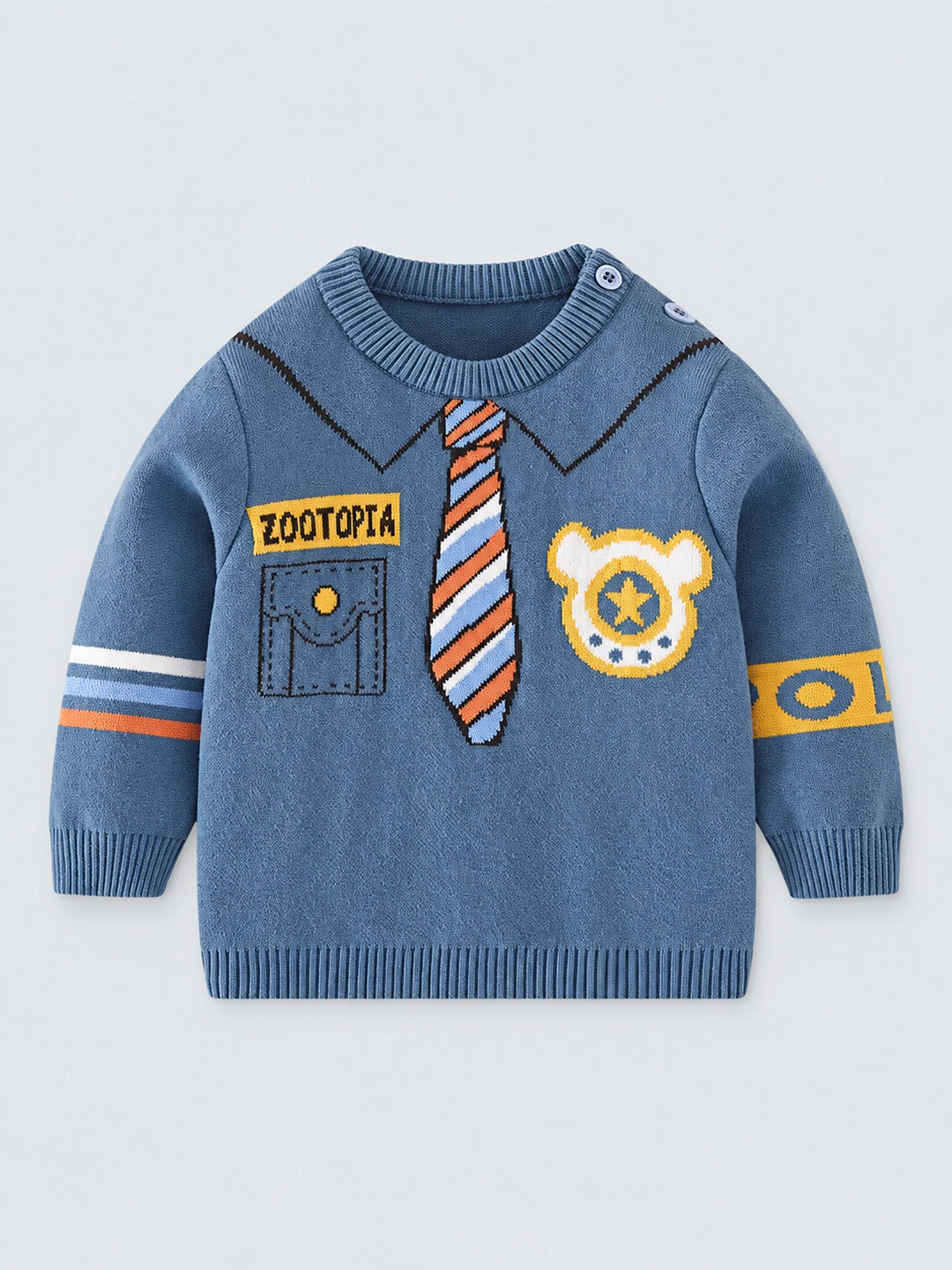 Teal Blue, Little Man Tie Print Kids Cardigan Sweater, Round Neck