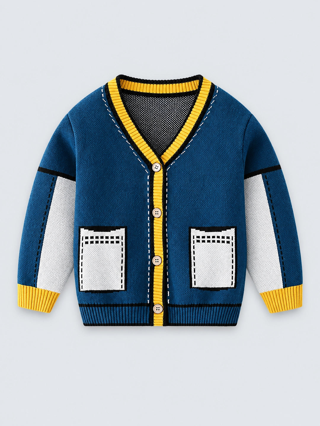 Kids Navy Blue with Striking Mustard Stripes Cardigan Sweater V neck