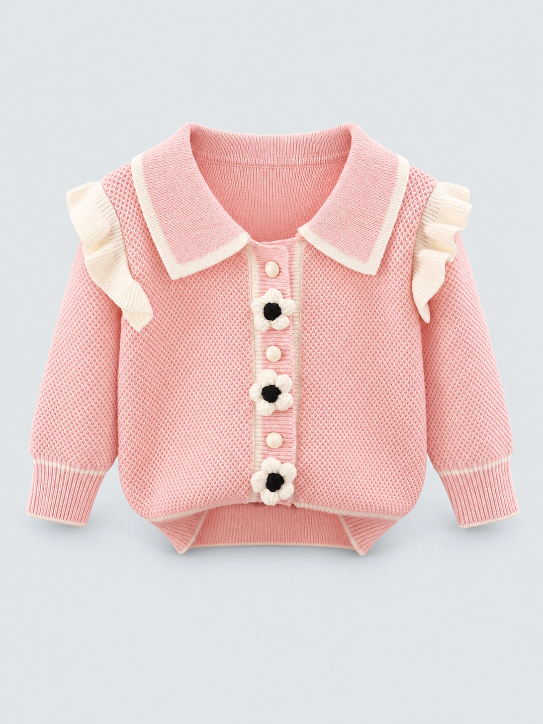 Kids Baby Pink Knitted Cardigan V neck Sweater with Flower Buttons