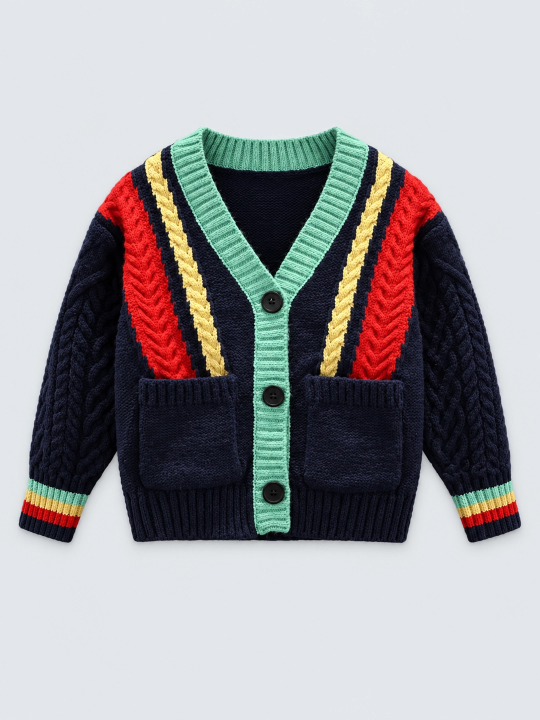 Navy Blue with Striking Bold Stripes Cardigan Sweater V neck Front Button
