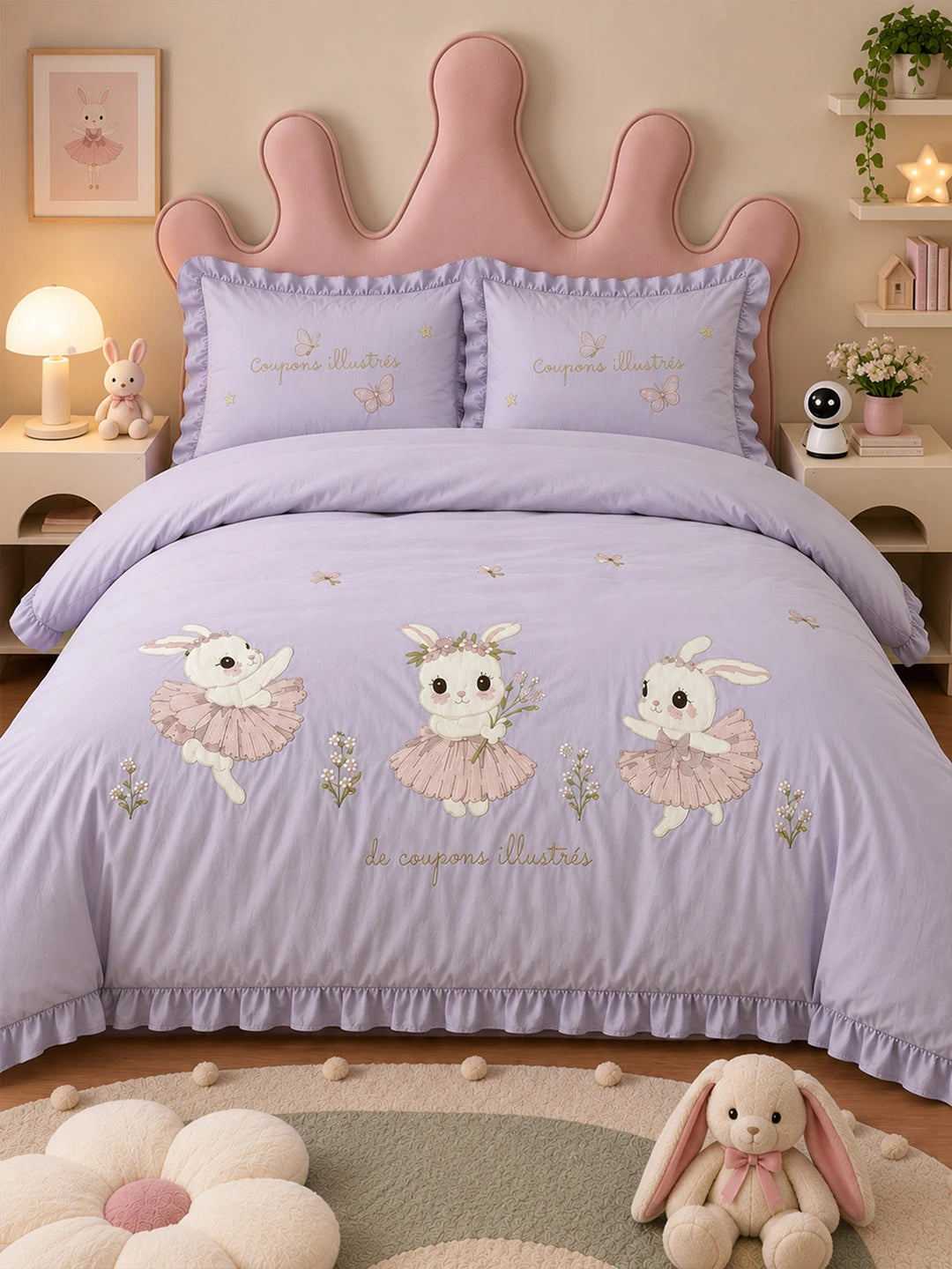 4 pcs Tutu Skirt Dance Rabbit theme, Luxe Embroidered collection of Double Bed Comforter, flat bedsheet, 2 pillow covers entire Bedding Set for King Size Bed.