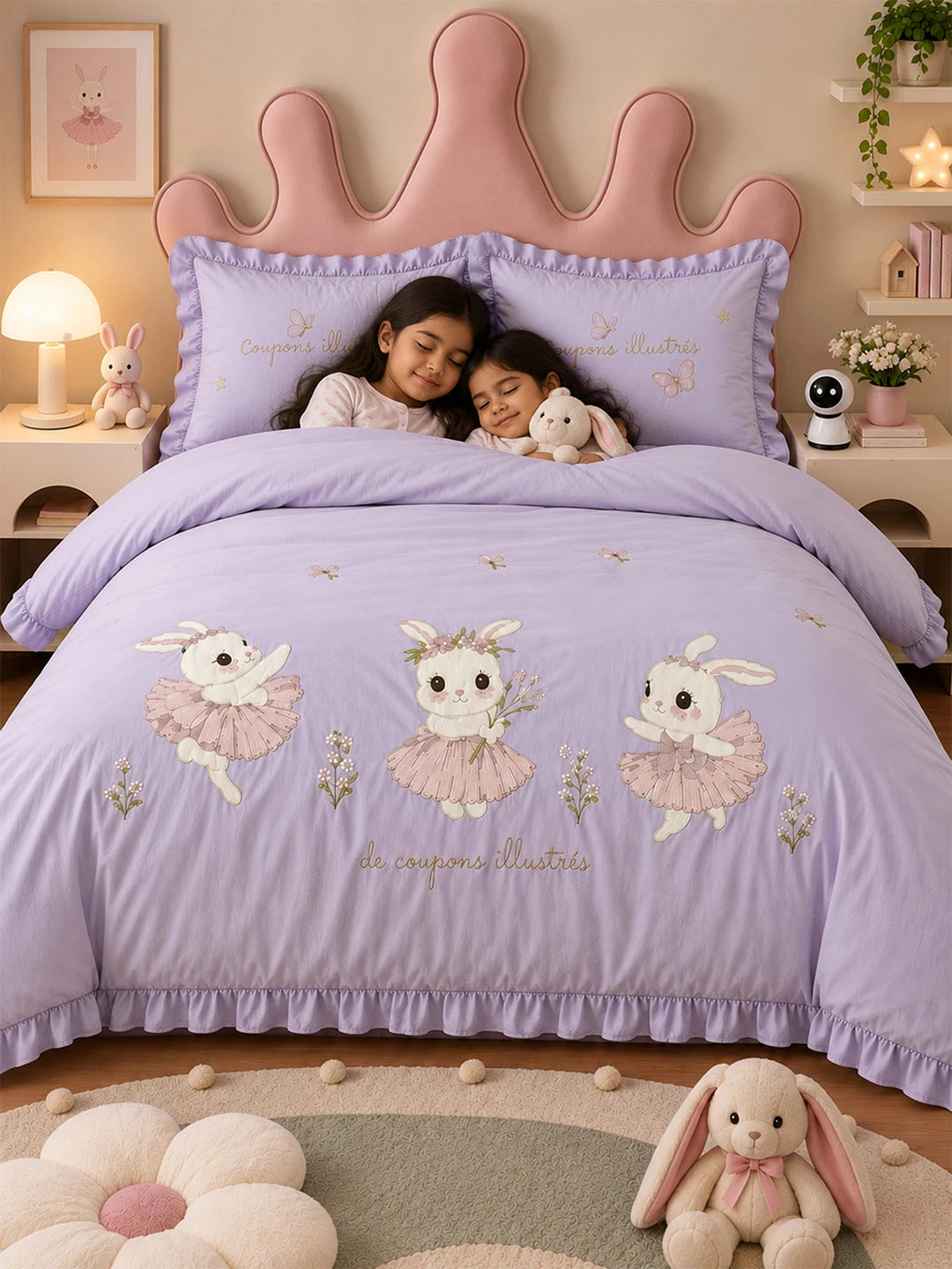 4 pcs Tutu Skirt Dance Rabbit theme, Luxe Embroidered collection of Double Bed Comforter, flat bedsheet, 2 pillow covers entire Bedding Set for King Size Bed.