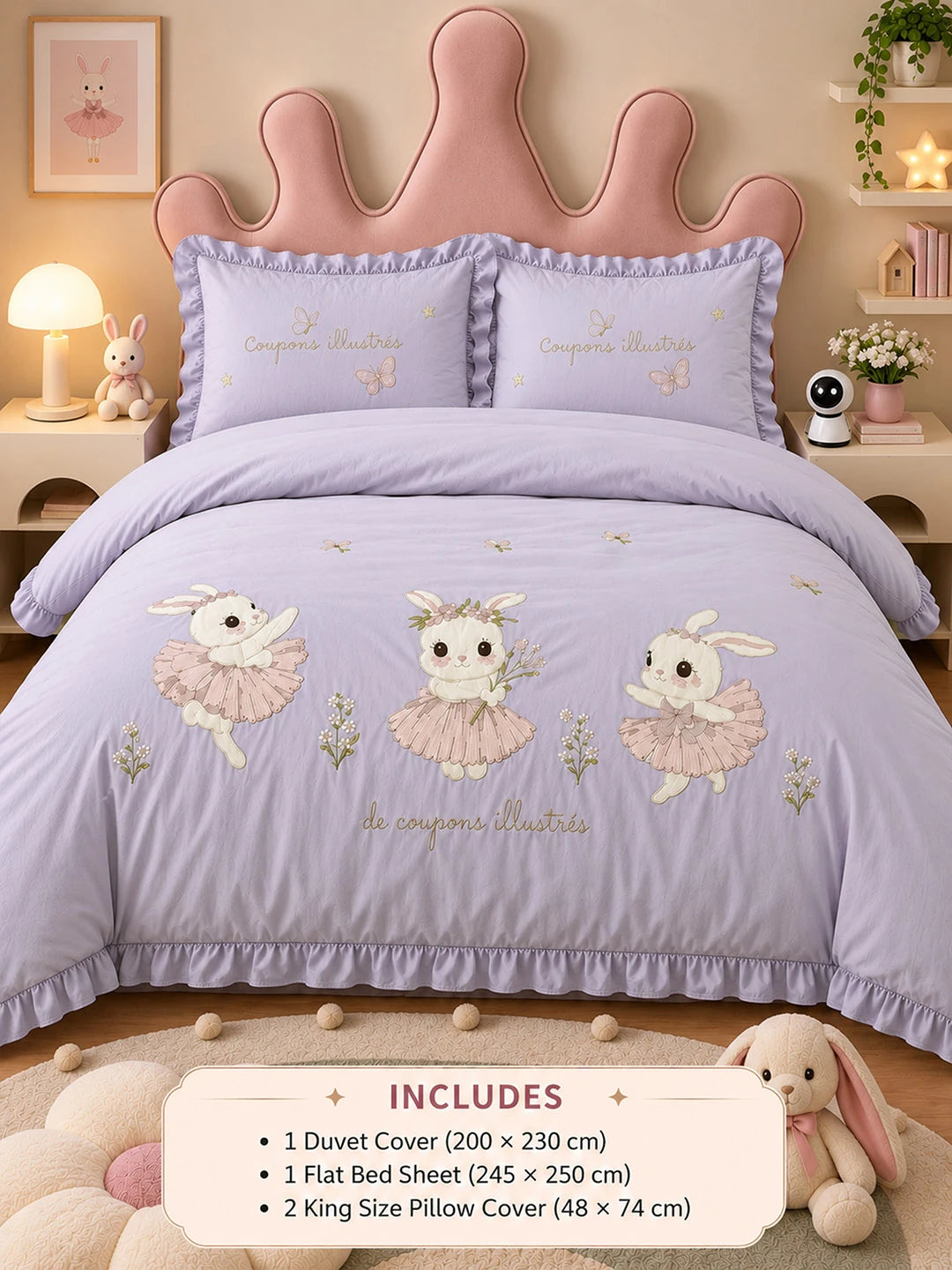 4 pcs Tutu Skirt Dance Rabbit theme, Luxe Embroidered collection of Double Bed Comforter, flat bedsheet, 2 pillow covers entire Bedding Set for King Size Bed.