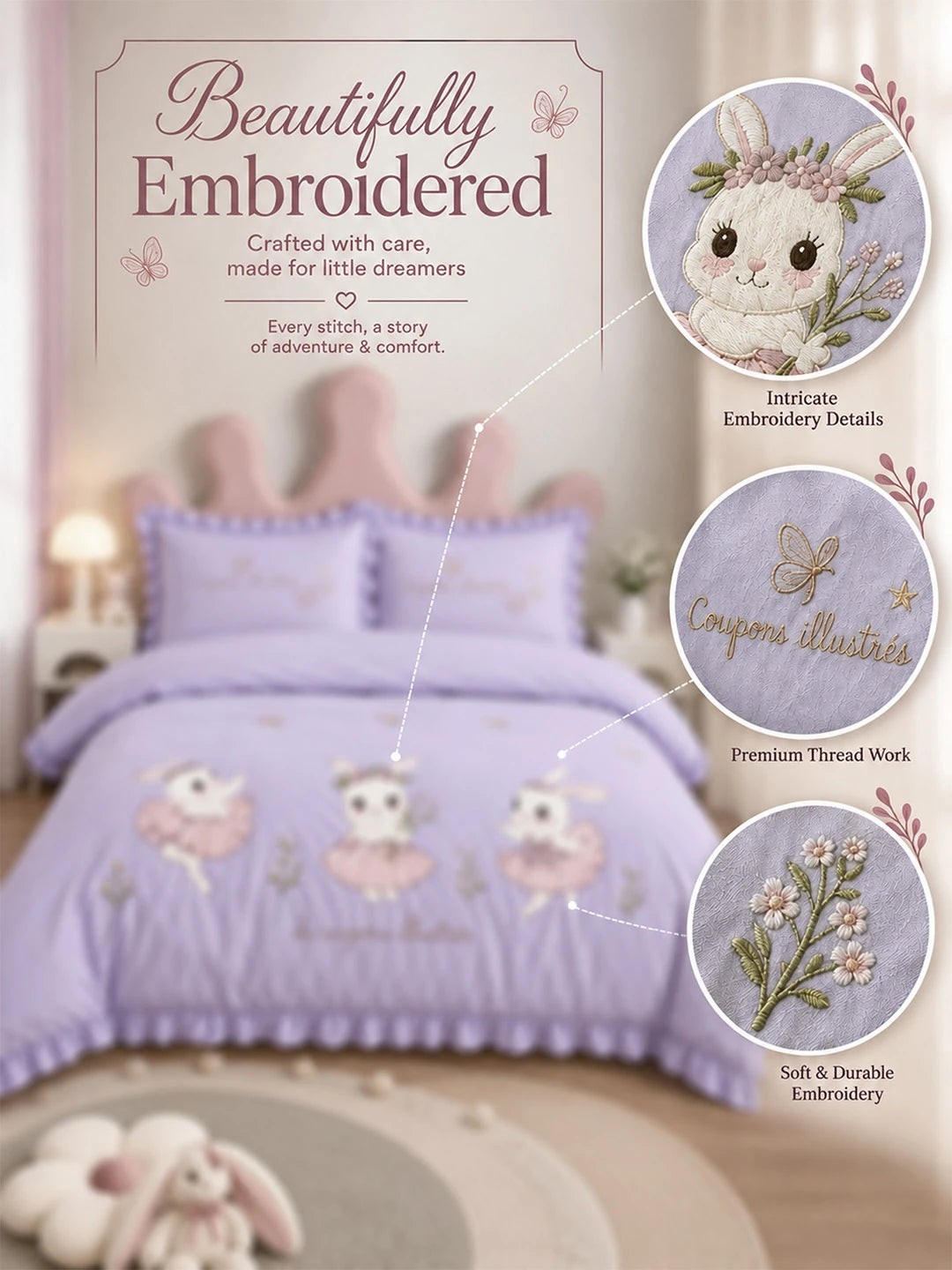 4 pcs Tutu Skirt Dance Rabbit theme, Luxe Embroidered collection of Double Bed Comforter, flat bedsheet, 2 pillow covers entire Bedding Set for King Size Bed.