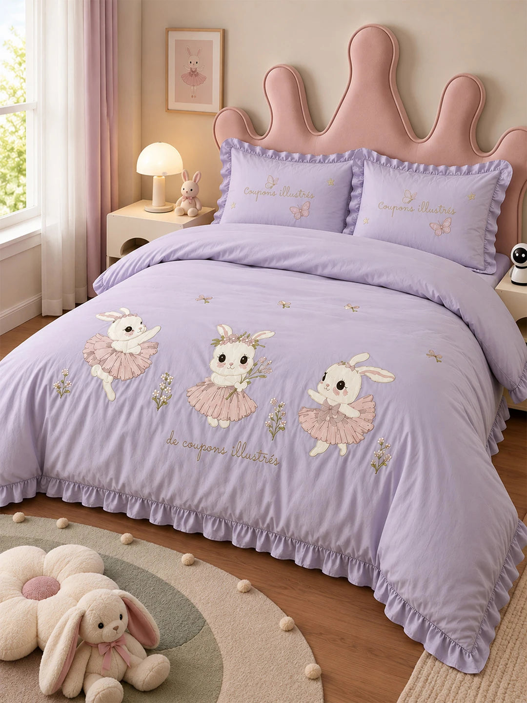 4 pcs Tutu Skirt Dance Rabbit theme, Luxe Embroidered collection of Double Bed Comforter, flat bedsheet, 2 pillow covers entire Bedding Set for King Size Bed.