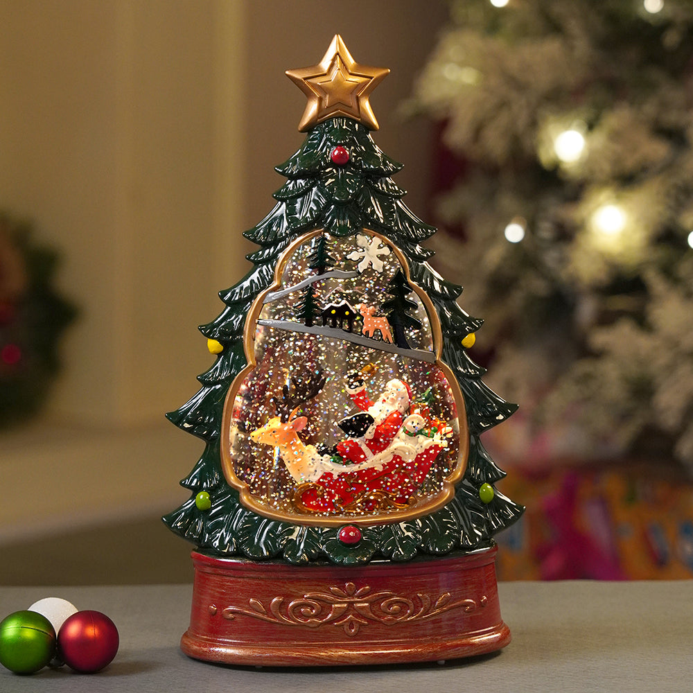 Dark Green Tree Decor with Musical Glitter Water Light, Christmas Home Décor