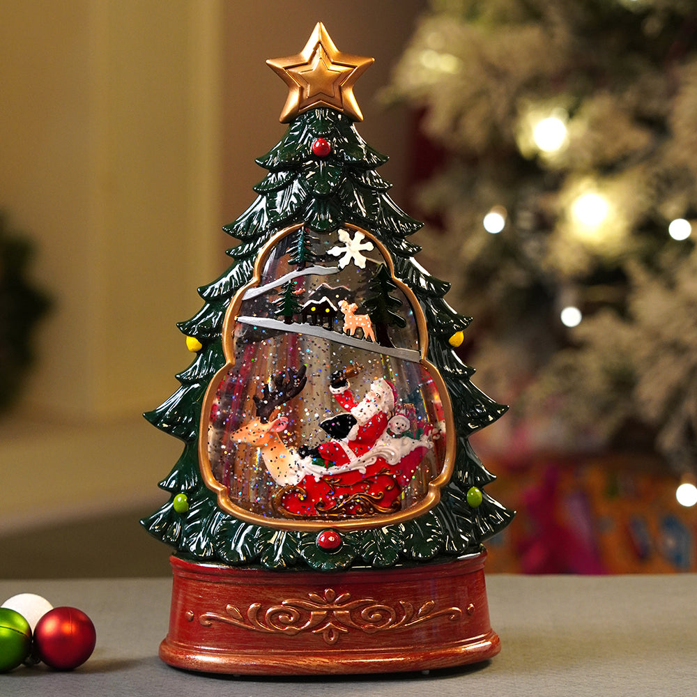 Dark Green Tree Decor with Musical Glitter Water Light, Christmas Home Décor