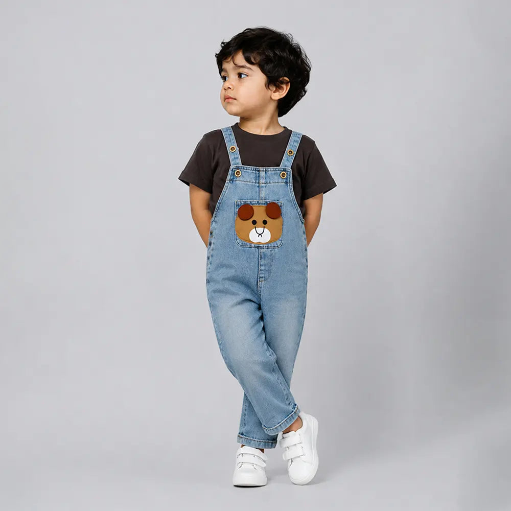 Brown Bear Face Denim Dungaree for Toddlers and Kids (No T-Shirt Included)