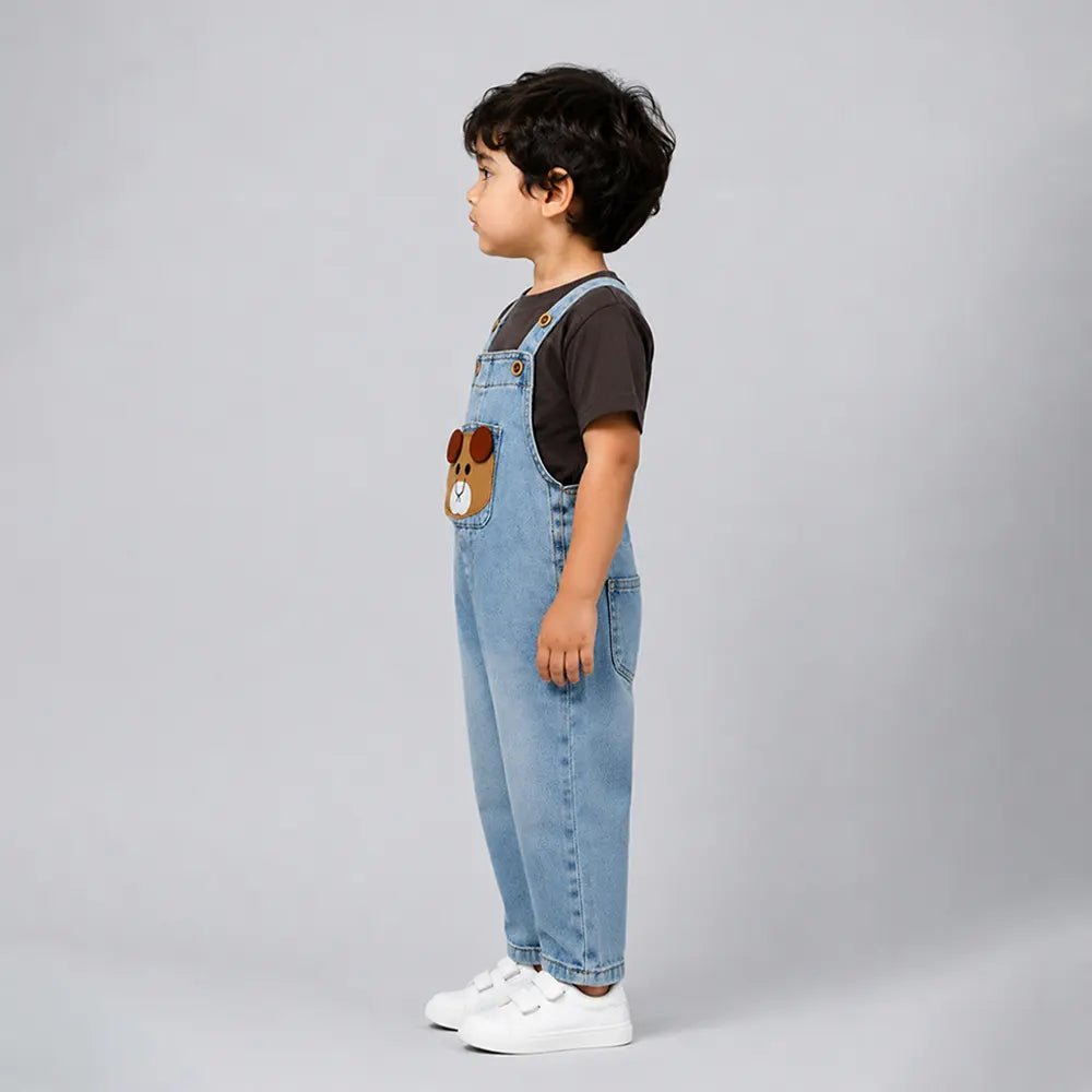 Brown Bear Face Denim Dungaree for Toddlers and Kids (No T-Shirt Included)