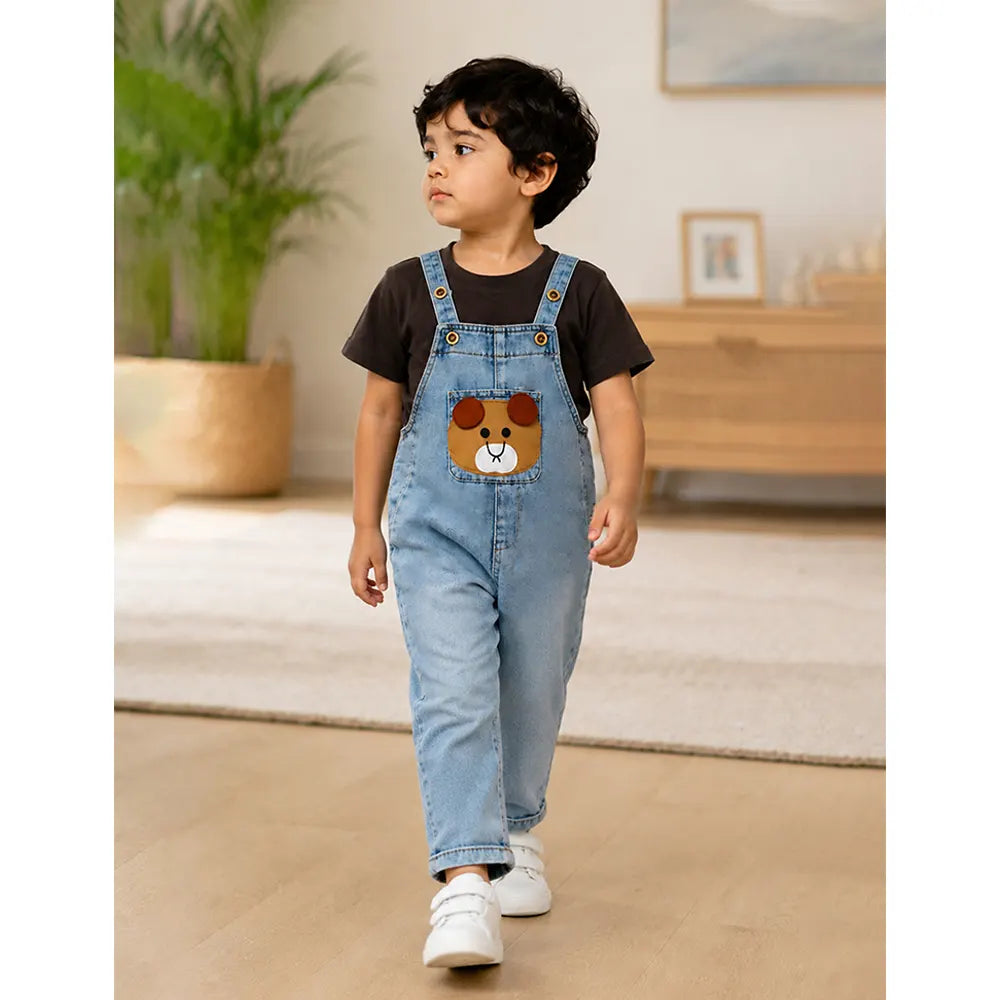 Brown Bear Face Denim Dungaree for Toddlers and Kids (No T-Shirt Included)
