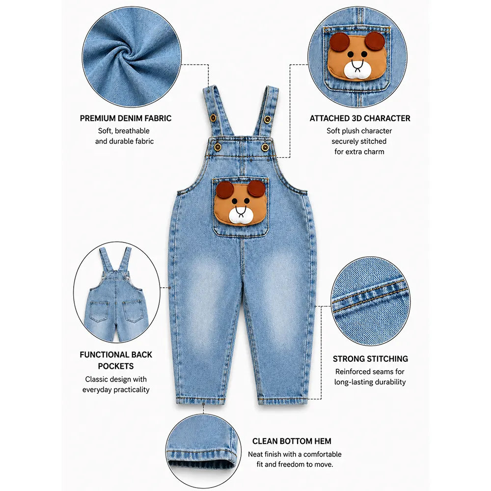 Brown Bear Face Denim Dungaree for Toddlers and Kids (No T-Shirt Included)