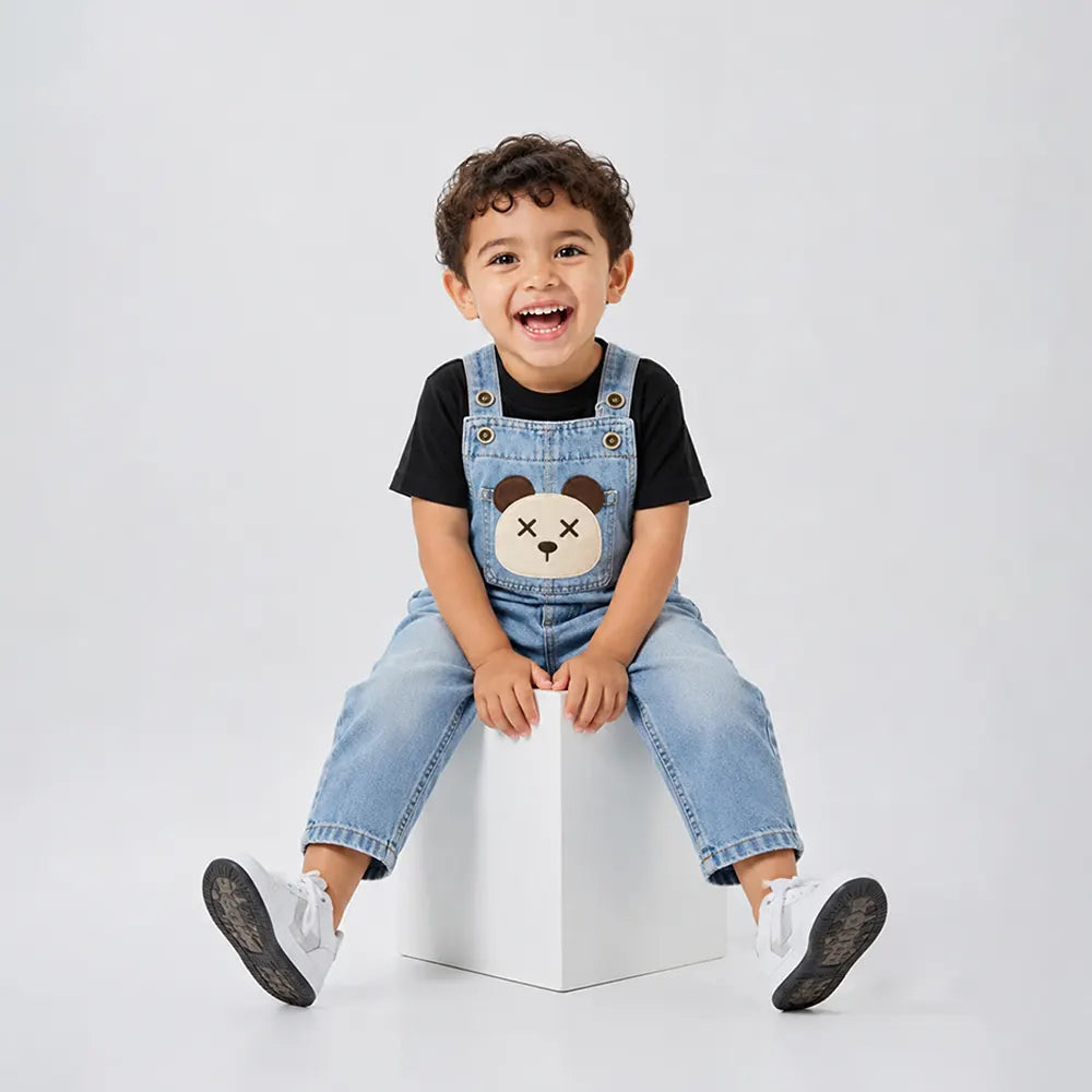 Cross Eye Bear Face Denim Dungaree for Toddlers and Kids (No T-Shirt Included)