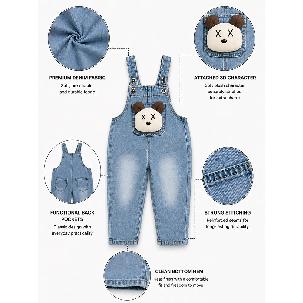 Cross Eye Bear Face Denim Dungaree for Toddlers and Kids (No T-Shirt Included)