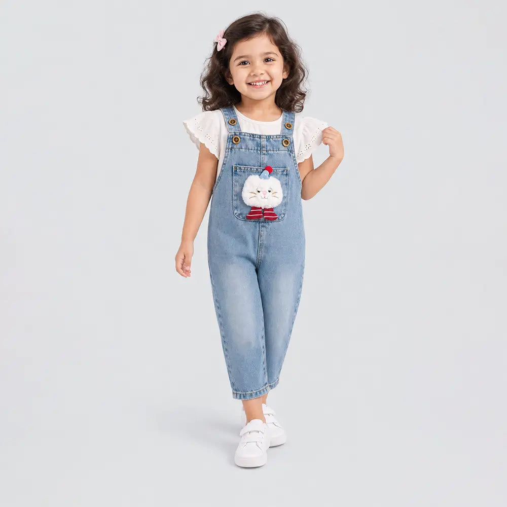Fluffy White Cat Denim Dungaree for Toddlers and Kids (No T-Shirt Included)