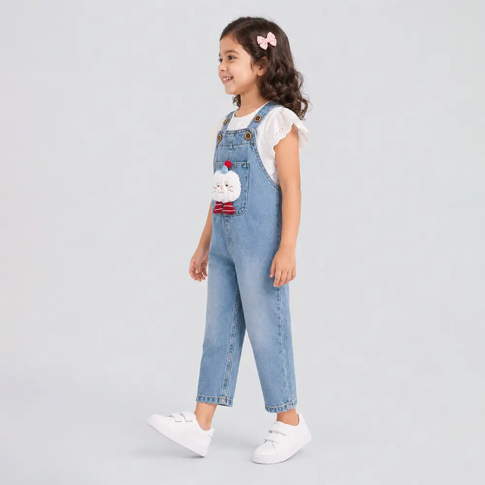 Fluffy White Cat Denim Dungaree for Toddlers and Kids (No T-Shirt Included)