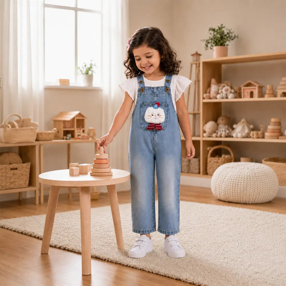 Fluffy White Cat Denim Dungaree for Toddlers and Kids (No T-Shirt Included)