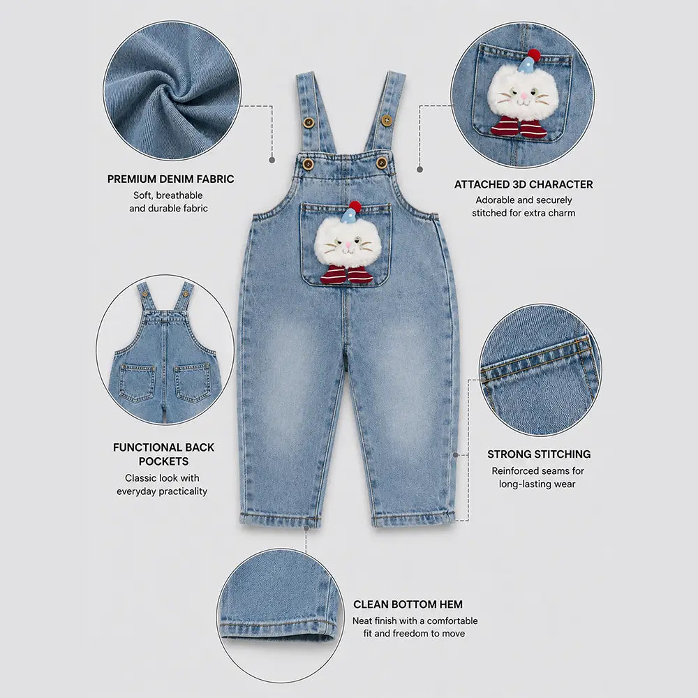 Fluffy White Cat Denim Dungaree for Toddlers and Kids (No T-Shirt Included)