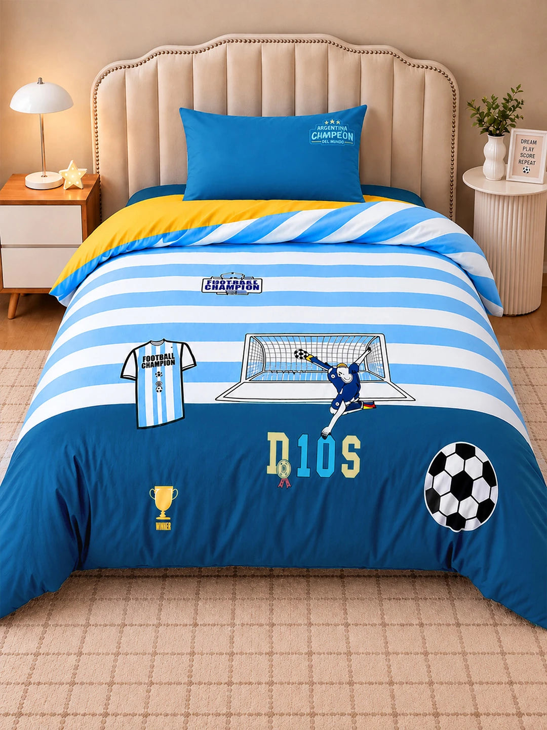 3 Pcs Football Theme Luxe Embroidered collection of Double Bed Comforter, 1 flat bedsheet, 1 pillow cover Kids Bedding Set for King Size Bed.