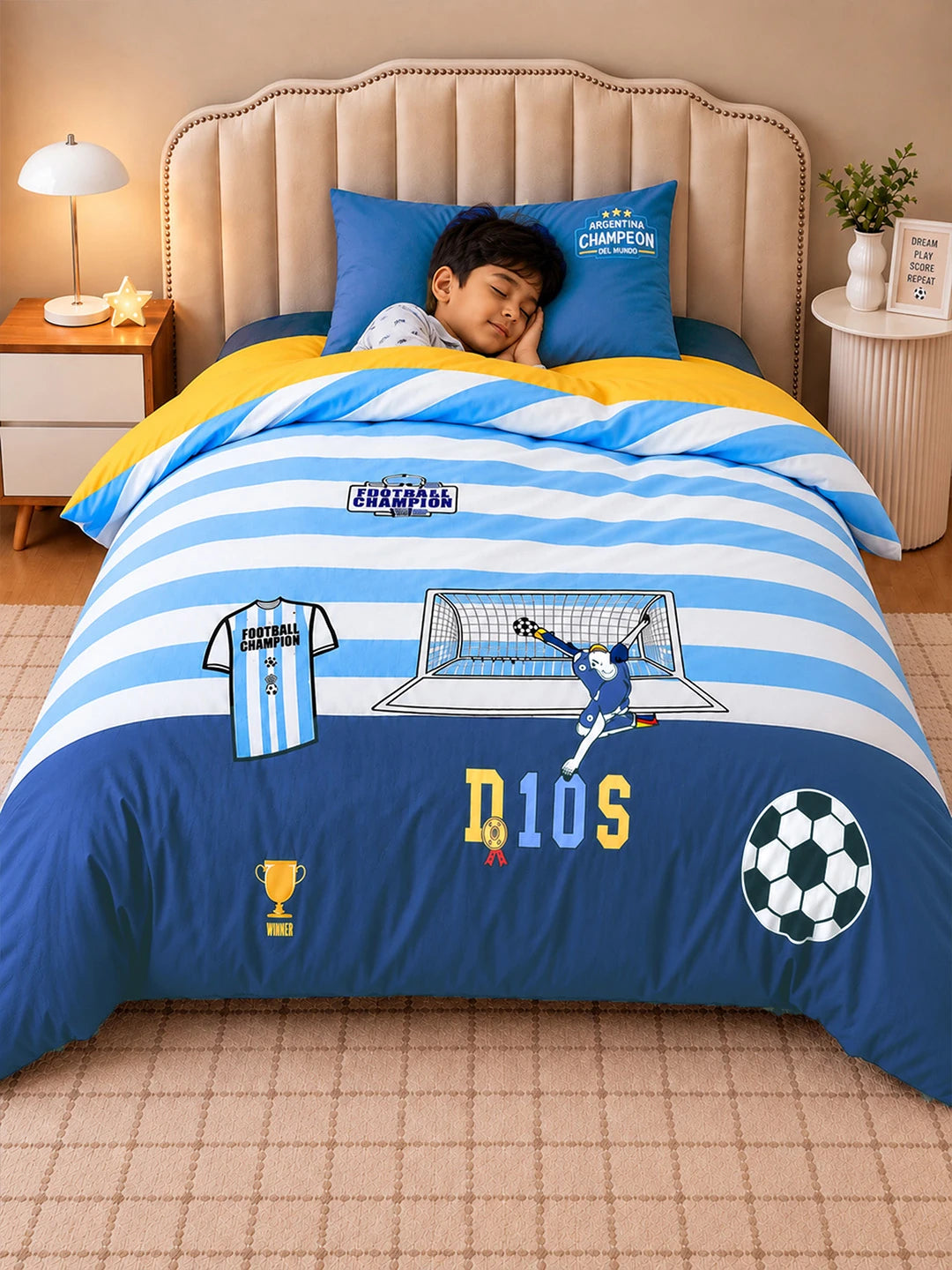 3 Pcs Football Theme Luxe Embroidered collection of Double Bed Comforter, 1 flat bedsheet, 1 pillow cover Kids Bedding Set for King Size Bed.