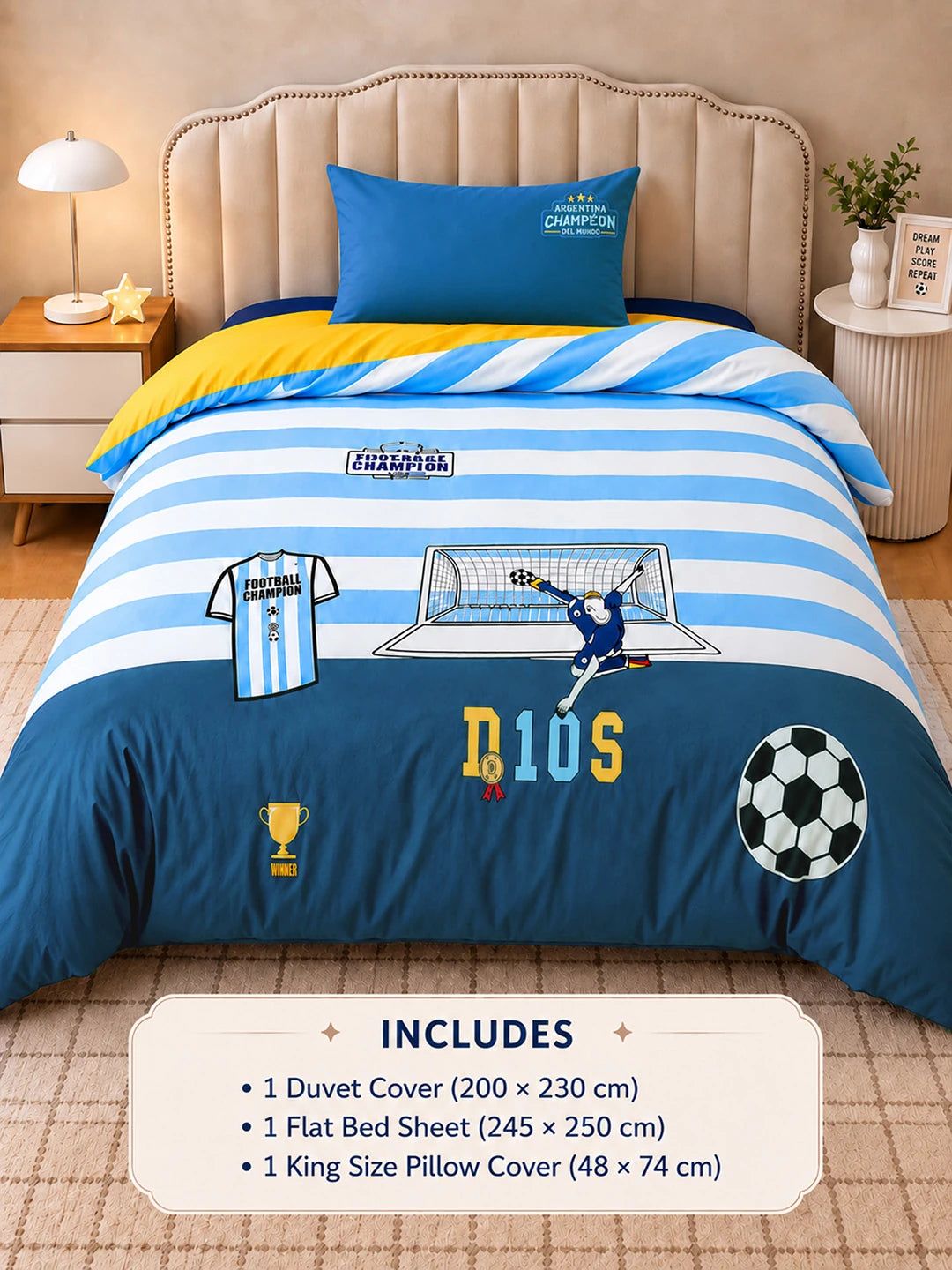 3 Pcs Football Theme Luxe Embroidered collection of Double Bed Comforter, 1 flat bedsheet, 1 pillow cover Kids Bedding Set for King Size Bed.