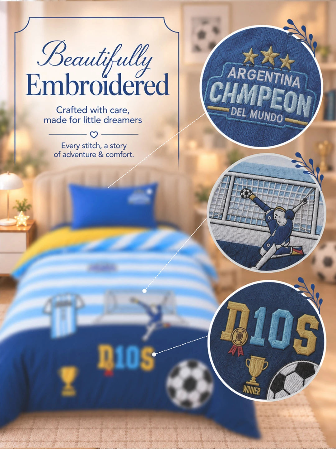 3 Pcs Football Theme Luxe Embroidered collection of Double Bed Comforter, 1 flat bedsheet, 1 pillow cover Kids Bedding Set for King Size Bed.