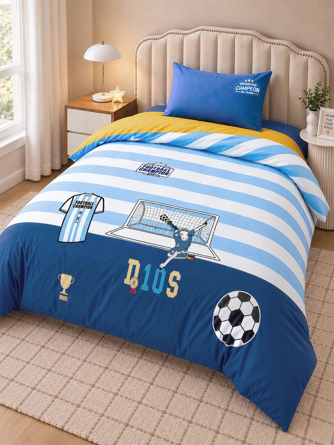 3 Pcs Football Theme Luxe Embroidered collection of Double Bed Comforter, 1 flat bedsheet, 1 pillow cover Kids Bedding Set for King Size Bed.