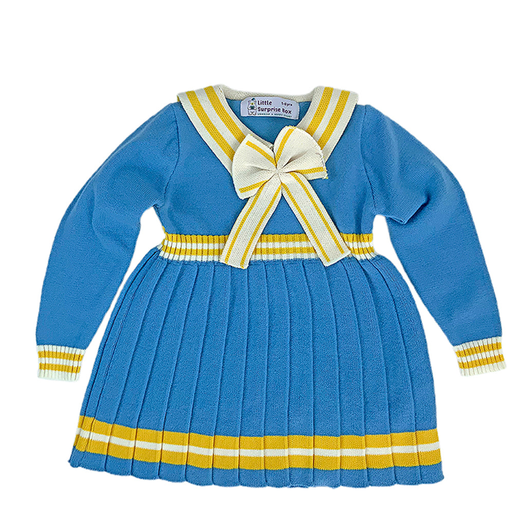 Blue & Mustard Big Bow & Stripes Sailor neck Winterwear Frock