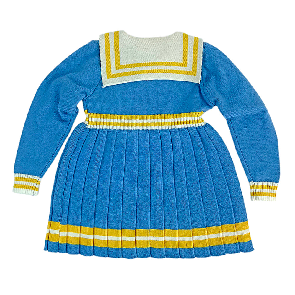 Blue & Mustard Big Bow & Stripes Sailor neck Winterwear Frock