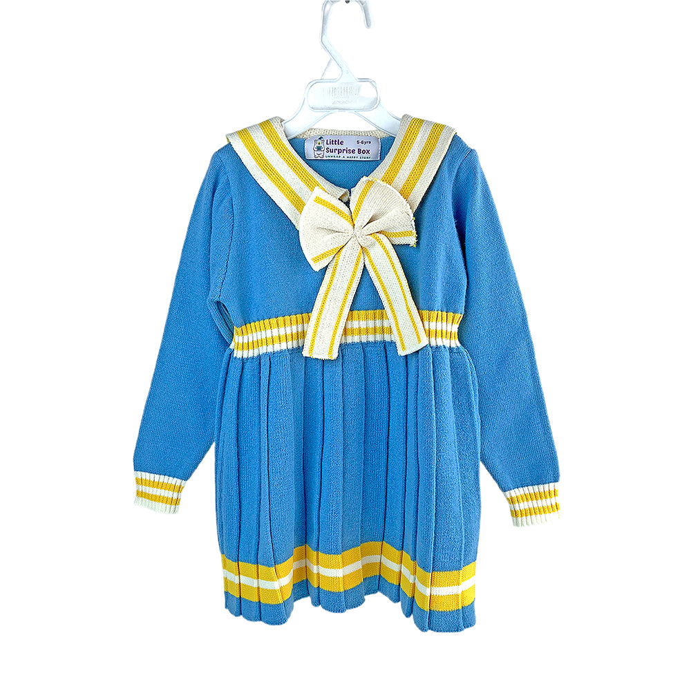 Blue & Mustard Big Bow & Stripes Sailor neck Winterwear Frock