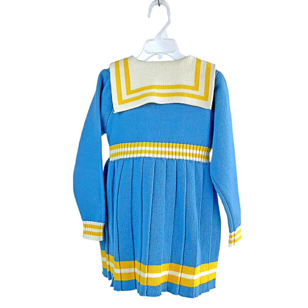 Blue & Mustard Big Bow & Stripes Sailor neck Winterwear Frock