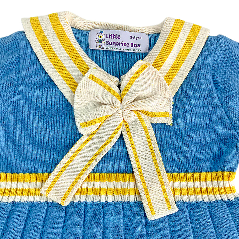 Blue & Mustard Big Bow & Stripes Sailor neck Winterwear Frock