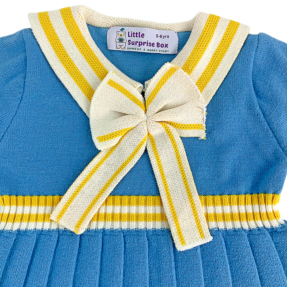 Blue & Mustard Big Bow & Stripes Sailor neck Winterwear Frock