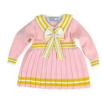 Pink & Mustard Big Bow & Stripes Sailor neck Winter wear Frock for girls