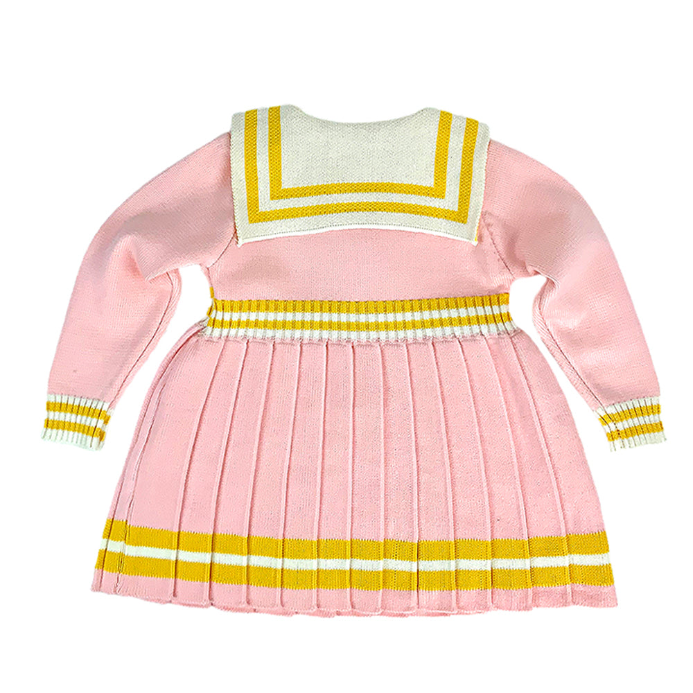 Pink & Mustard Big Bow & Stripes Sailor neck Winter wear Frock for girls