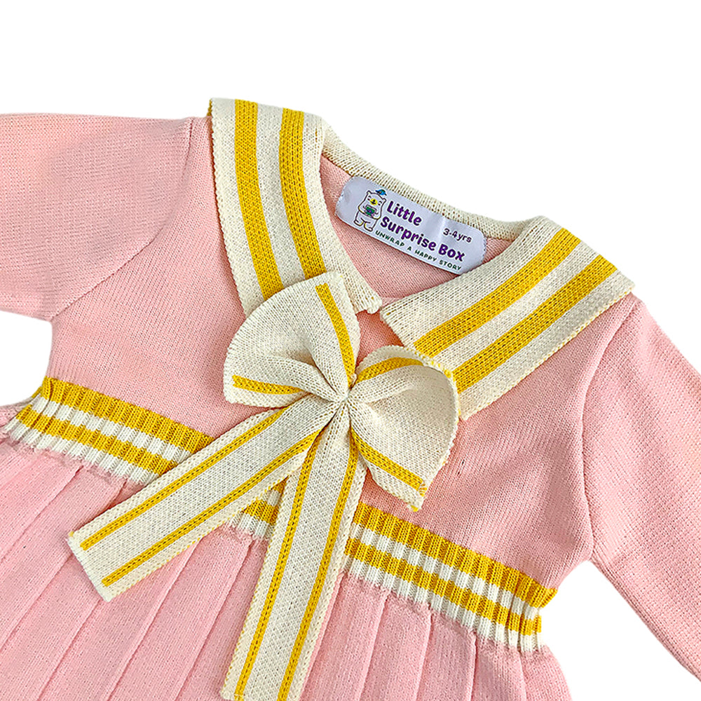 Pink & Mustard Big Bow & Stripes Sailor neck Winter wear Frock for girls