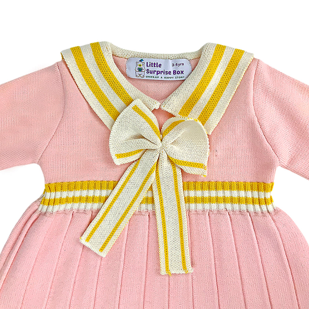Pink & Mustard Big Bow & Stripes Sailor neck Winter wear Frock for girls