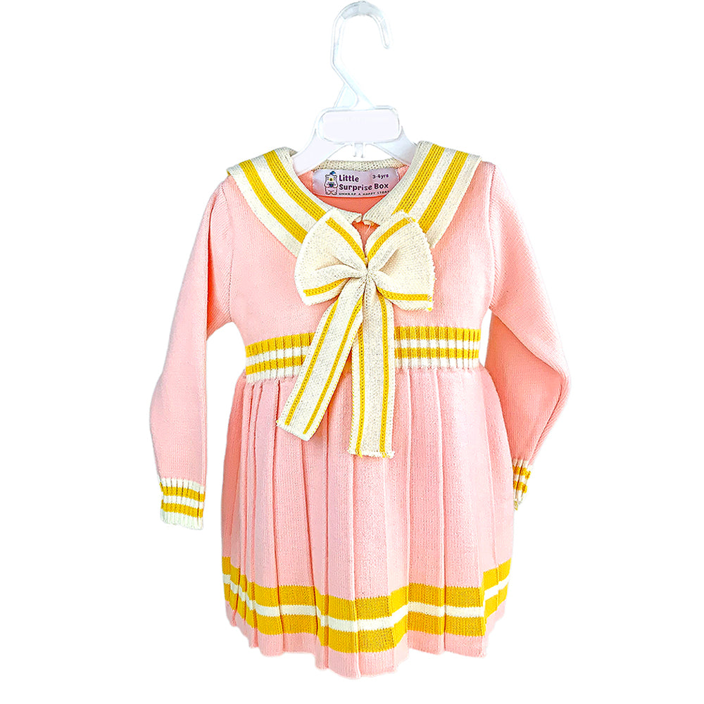Pink & Mustard Big Bow & Stripes Sailor neck Winter wear Frock for girls