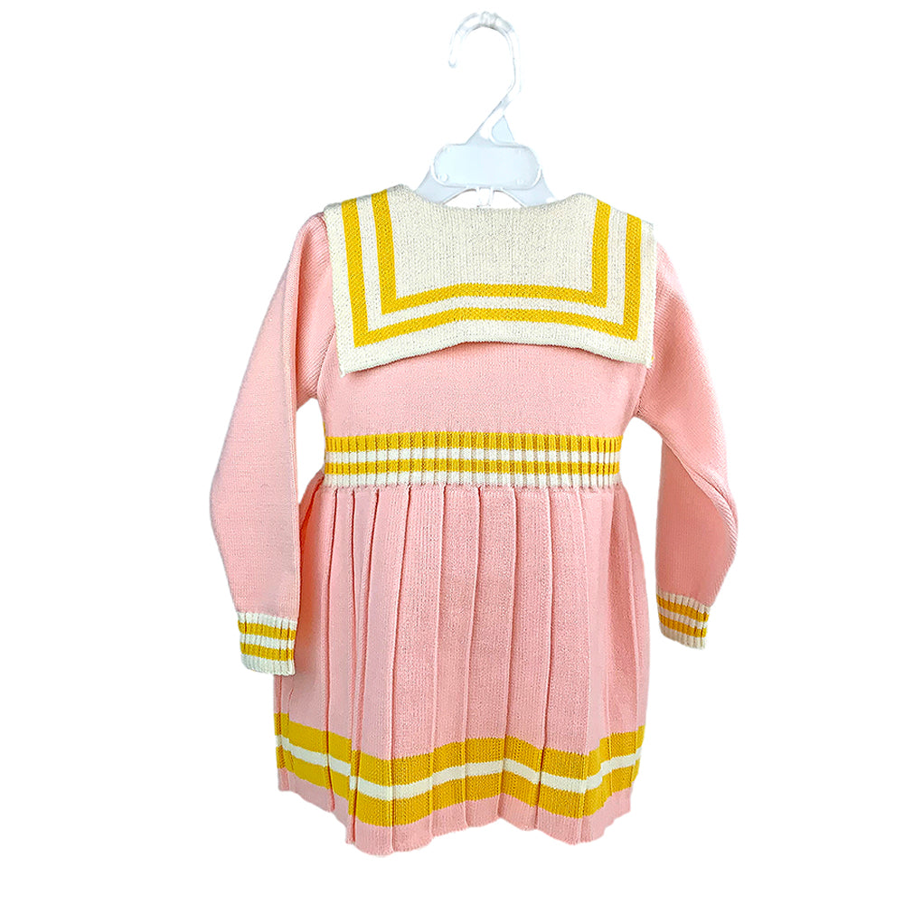 Pink & Mustard Big Bow & Stripes Sailor neck Winter wear Frock for girls