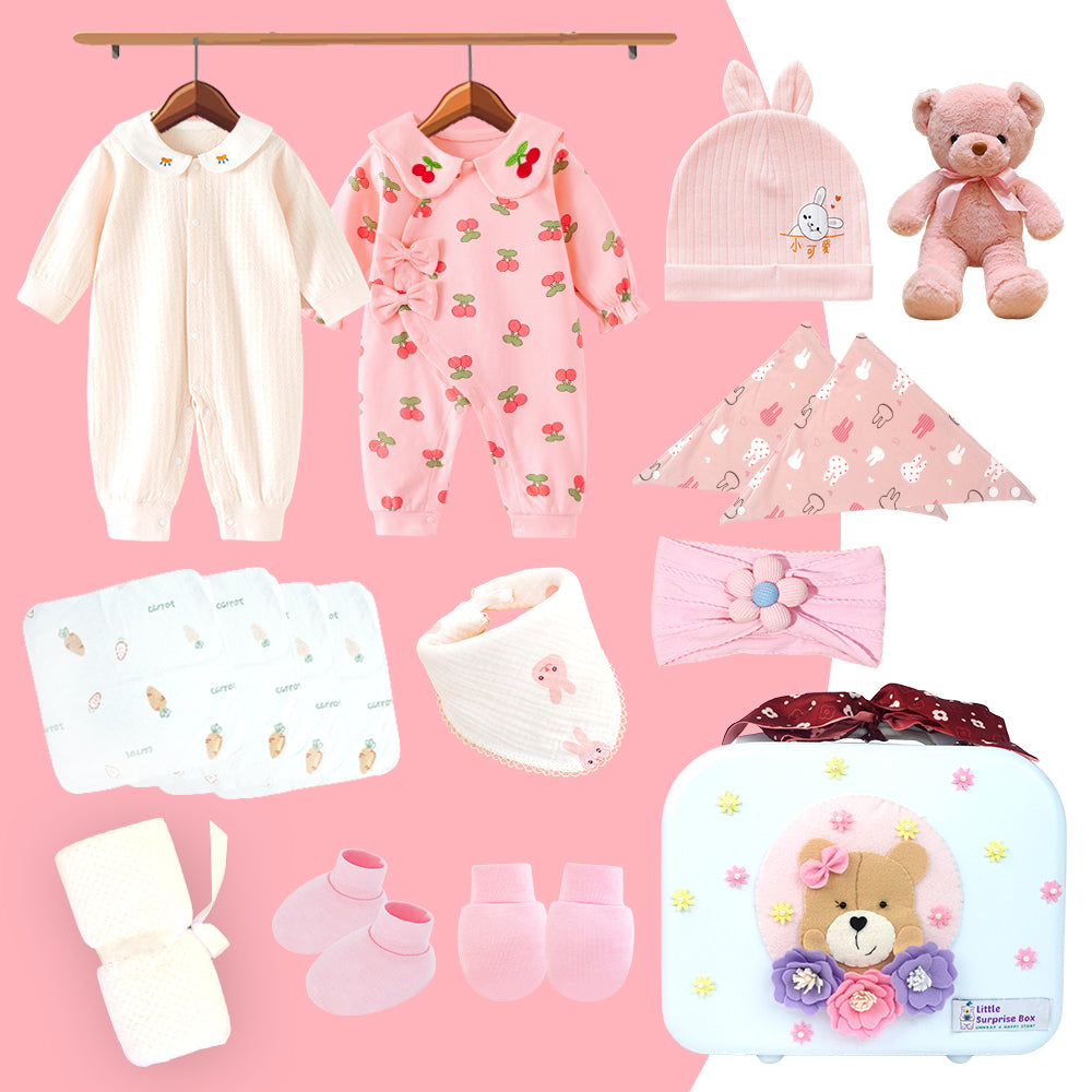 18 pcs Baby Pink Teddy Birthday Gift Hamper set for Baby Girl with travelling Suitcase,