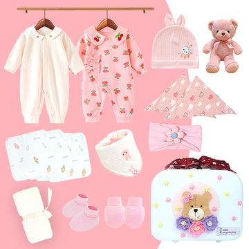 18 pcs Baby Pink Teddy Birthday Gift Hamper set for Baby Girl with travelling Suitcase,