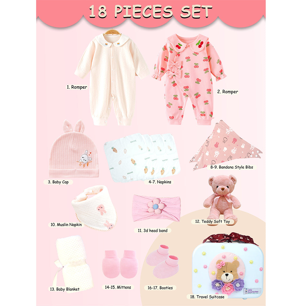 18 pcs Baby Pink Teddy Birthday Gift Hamper set for Baby Girl with travelling Suitcase,