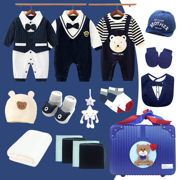19 pcs Royal Blue Bow Teddy Birthday Gift Hamper set for Baby with travelling suitcase