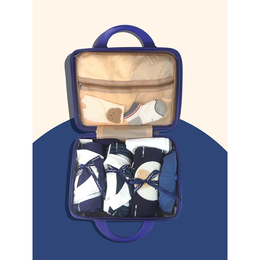 19 pcs Royal Blue Bow Teddy Birthday Gift Hamper set for Baby with travelling suitcase